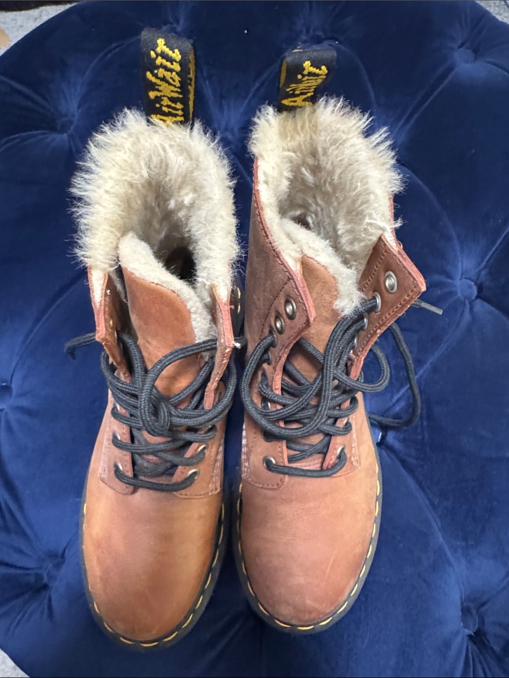 Dr. Martens Women's Brown Leather Lace-Up Boots with Faux Fur Trim